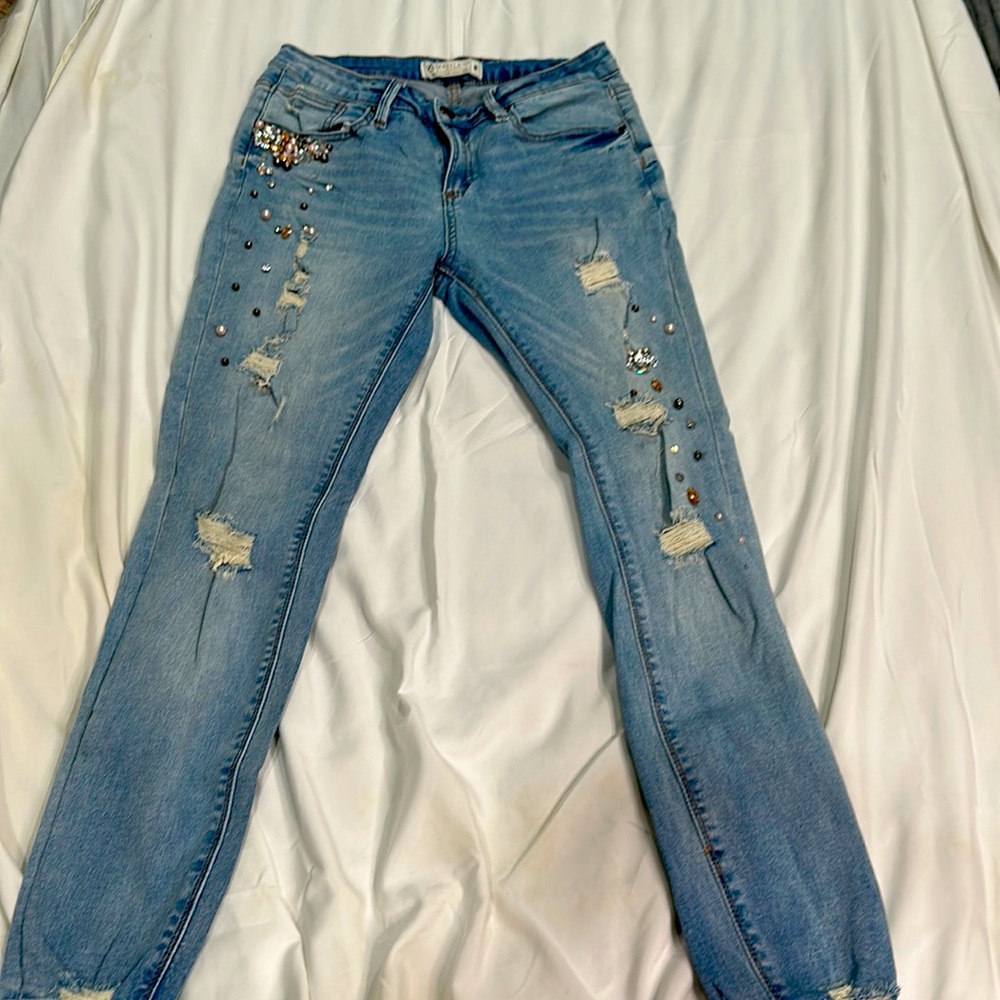 Blue disaster women jeans with designs, size 9.